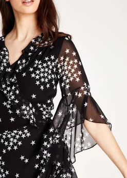 Women's Mini Dress with Star Print, V-Neck, Wrap Front Design, Tie Side, Frill Sleeves, Comfortable Fit