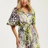 Women's Mini Dress with Vibrant Multicolour Abstract Print, V-Neck, Angel Sleeves, Cut-Out Front - Liquorish