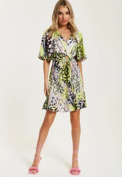 Women's Mini Dress with Vibrant Multicolour Abstract Print, V-Neck, Angel Sleeves, Cut-Out Front - Liquorish
