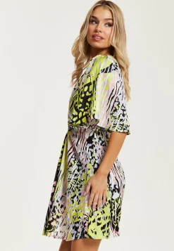 Women's Mini Dress with Vibrant Multicolour Abstract Print, V-Neck, Angel Sleeves, Cut-Out Front - Liquorish