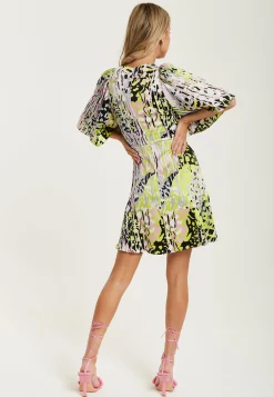 Women's Mini Dress with Vibrant Multicolour Abstract Print, V-Neck, Angel Sleeves, Cut-Out Front - Liquorish