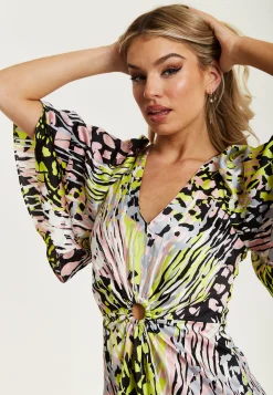 Women's Mini Dress with Vibrant Multicolour Abstract Print, V-Neck, Angel Sleeves, Cut-Out Front - Liquorish