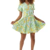 Women’s Mini Dress, Yellow Floral Print, Button Up, Balloon Sleeves, V-Neck, Summer Fashion