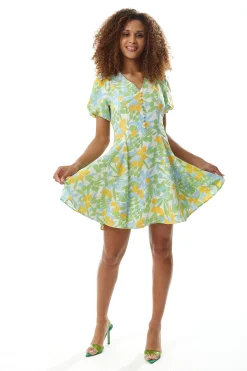 Women’s Mini Dress, Yellow Floral Print, Button Up, Balloon Sleeves, V-Neck, Summer Fashion