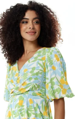 Women's Mini Dress, Yellow Floral Print, V Neck, Balloon Sleeves, Tie Waist, Chic Summer Style