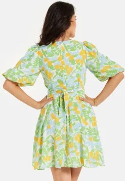Women's Mini Dress, Yellow Floral Print, V Neck, Balloon Sleeves, Tie Waist, Chic Summer Style