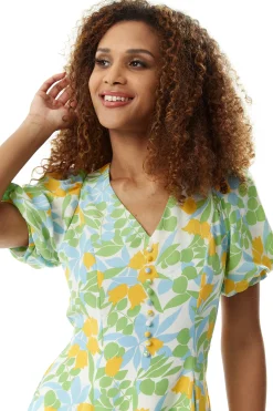 Women’s Mini Dress, Yellow Floral Print, Button Up, Balloon Sleeves, V-Neck, Summer Fashion