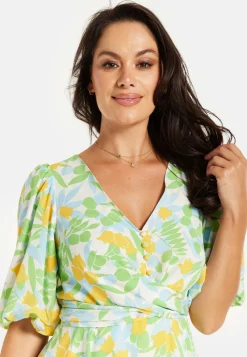 Women's Mini Dress, Yellow Floral Print, V Neck, Balloon Sleeves, Tie Waist, Chic Summer Style