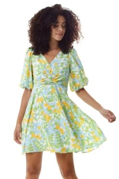 Women's Mini Dress, Yellow Floral Print, V Neck, Balloon Sleeves, Tie Waist, Chic Summer Style