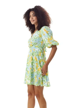 Women's Mini Dress, Yellow Floral Print, V Neck, Balloon Sleeves, Tie Waist, Chic Summer Style
