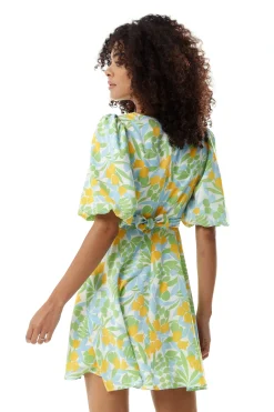Women's Mini Dress, Yellow Floral Print, V Neck, Balloon Sleeves, Tie Waist, Chic Summer Style