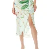 Women's Mint Green Bird Print Midi Skirt with Front Buttons and Side Slit, Regular Fit - Liquorish