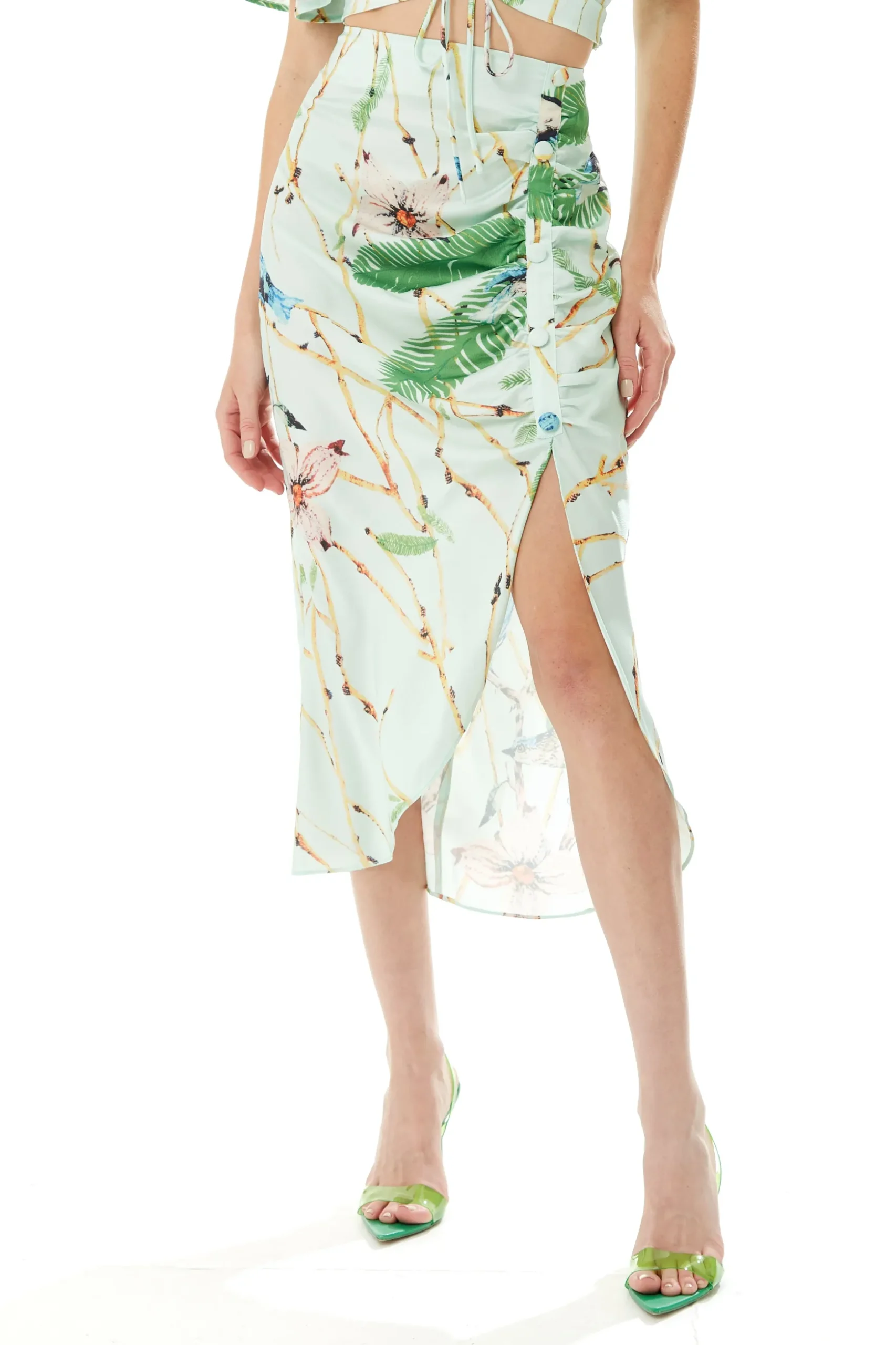 Women's Mint Green Bird Print Midi Skirt with Front Buttons and Side Slit, Regular Fit - Liquorish