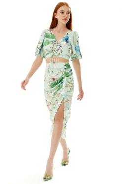 Women's Mint Green Bird Print Midi Skirt with Front Buttons and Side Slit, Regular Fit - Liquorish