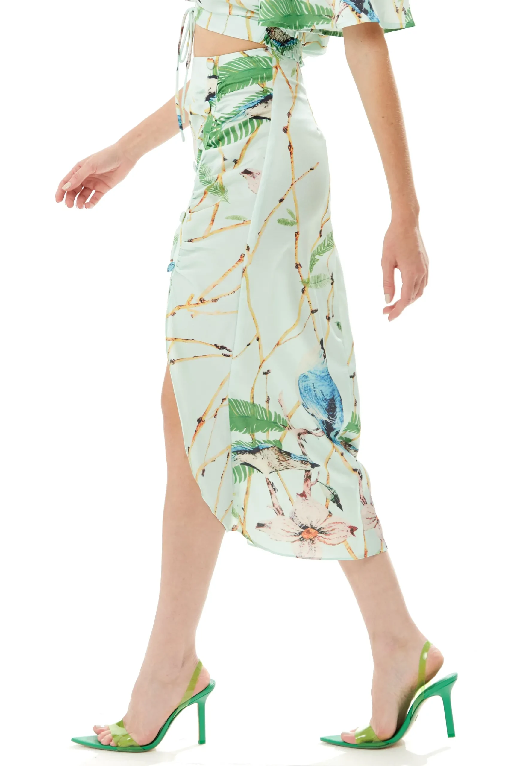 Women's Mint Green Bird Print Midi Skirt with Front Buttons and Side Slit, Regular Fit - Liquorish