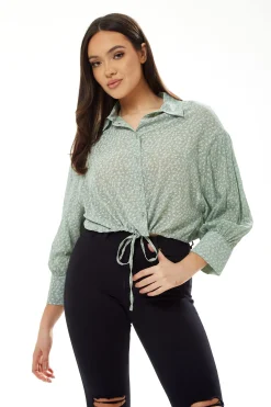 Women's Mint Green Crop Shirt - Cropped Style, Tie Waist, Short Sleeves, Solid Color, UK Sizes S-8, M-10, L-12