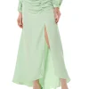 Women's Mint Green Gathered Detail Maxi Skirt with Front Slit - Regular Fit, Plain Design, by Liquorish