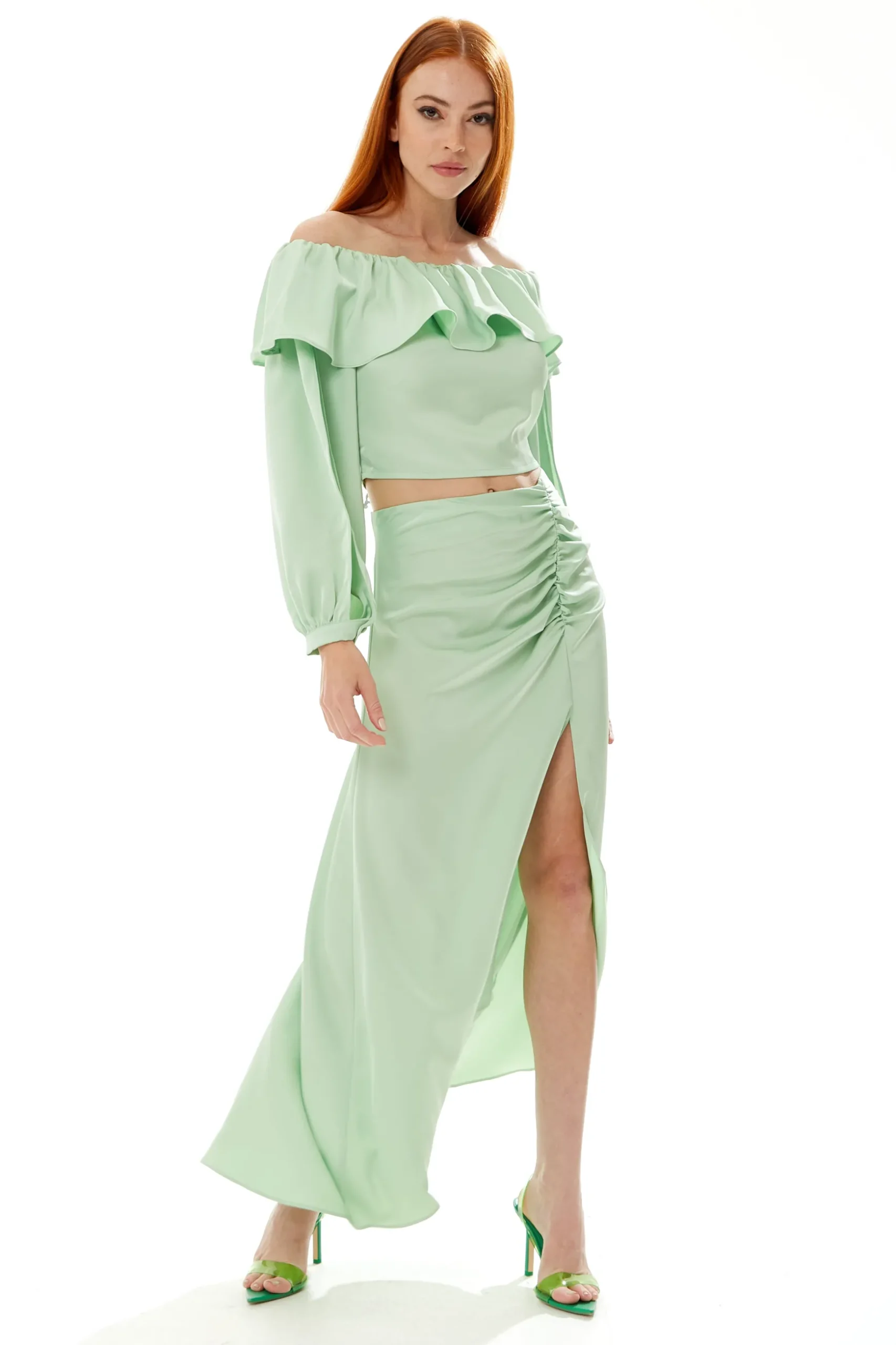 Women's Mint Green Gathered Detail Maxi Skirt with Front Slit - Regular Fit, Plain Design, by Liquorish
