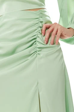 Women's Mint Green Gathered Detail Maxi Skirt with Front Slit - Regular Fit, Plain Design, by Liquorish