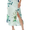 Women's Mint Green Midi Skirt with Bird and Floral Print and Side Slit, Regular Fit, by Liquorish