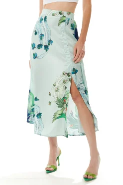 Women's Mint Green Midi Skirt with Bird and Floral Print and Side Slit, Regular Fit, by Liquorish