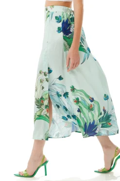 Women's Mint Green Midi Skirt with Bird and Floral Print and Side Slit, Regular Fit, by Liquorish