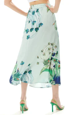 Women's Mint Green Midi Skirt with Bird and Floral Print and Side Slit, Regular Fit, by Liquorish