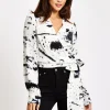 Women's Mono Abstract Print Wrap Top with Long Sleeves, Crop Style, Matching Tie Waist, Perfect for Any Occasion.