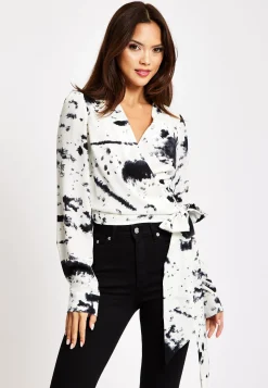 Women's Mono Abstract Print Wrap Top with Long Sleeves, Crop Style, Matching Tie Waist, Perfect for Any Occasion.