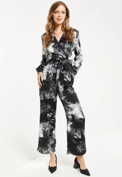 Women's Mono Abstract Print Long Sleeve Jumpsuit with Crossover Front and Tie Waist - Liquorish