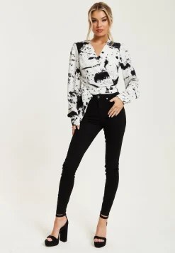 Women's Mono Abstract Print Wrap Top with Long Sleeves, Crop Style, Matching Tie Waist, Perfect for Any Occasion.