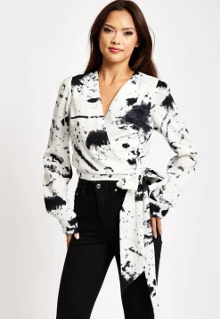Women's Mono Abstract Print Wrap Top with Long Sleeves, Crop Style, Matching Tie Waist, Perfect for Any Occasion.