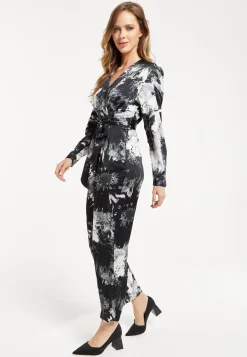Women's Mono Abstract Print Long Sleeve Jumpsuit with Crossover Front and Tie Waist - Liquorish