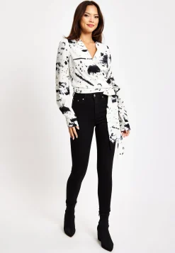 Women's Mono Abstract Print Wrap Top with Long Sleeves, Crop Style, Matching Tie Waist, Perfect for Any Occasion.