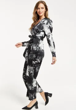 Women's Mono Abstract Print Long Sleeve Jumpsuit with Crossover Front and Tie Waist - Liquorish