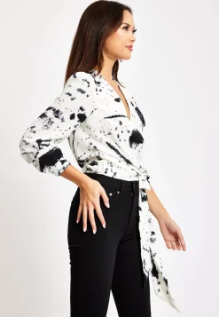 Women's Mono Abstract Print Wrap Top with Long Sleeves, Crop Style, Matching Tie Waist, Perfect for Any Occasion.