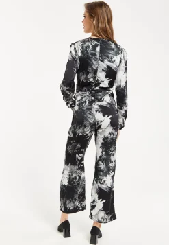 Women's Mono Abstract Print Long Sleeve Jumpsuit with Crossover Front and Tie Waist - Liquorish