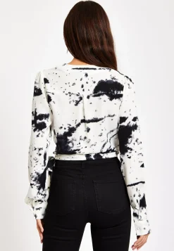 Women's Mono Abstract Print Wrap Top with Long Sleeves, Crop Style, Matching Tie Waist, Perfect for Any Occasion.