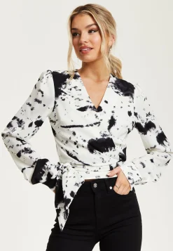 Women's Mono Abstract Print Wrap Top with Long Sleeves, Crop Style, Matching Tie Waist, Perfect for Any Occasion.
