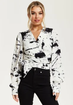 Women's Mono Abstract Print Wrap Top with Long Sleeves, Crop Style, Matching Tie Waist, Perfect for Any Occasion.