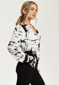 Women's Mono Abstract Print Wrap Top with Long Sleeves, Crop Style, Matching Tie Waist, Perfect for Any Occasion.