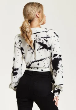 Women's Mono Abstract Print Wrap Top with Long Sleeves, Crop Style, Matching Tie Waist, Perfect for Any Occasion.
