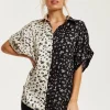 Women's Monochrome Heart Print Short Sleeve Shirt with Button Up Front and Contrast Colors, Regular Fit