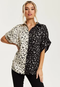Women's Monochrome Heart Print Short Sleeve Shirt with Button Up Front and Contrast Colors, Regular Fit
