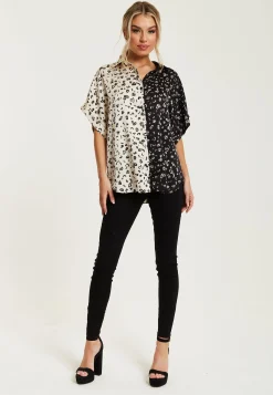 Women's Monochrome Heart Print Short Sleeve Shirt with Button Up Front and Contrast Colors, Regular Fit