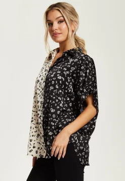 Women's Monochrome Heart Print Short Sleeve Shirt with Button Up Front and Contrast Colors, Regular Fit