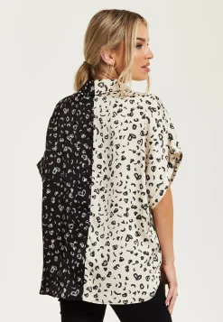 Women's Monochrome Heart Print Short Sleeve Shirt with Button Up Front and Contrast Colors, Regular Fit