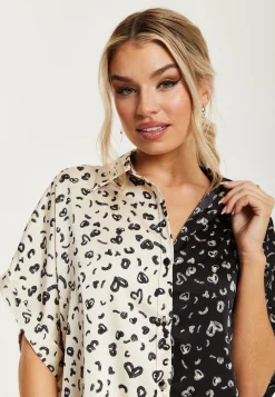 Women's Monochrome Heart Print Short Sleeve Shirt with Button Up Front and Contrast Colors, Regular Fit