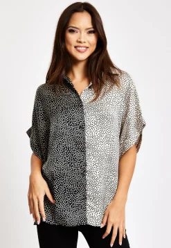 Women’s Monochrome Polka Dot Print Shirt with Short Sleeves, Button-Up Front, Regular Fit, Shirt Collar