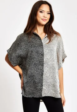 Women’s Monochrome Polka Dot Print Shirt with Short Sleeves, Button-Up Front, Regular Fit, Shirt Collar